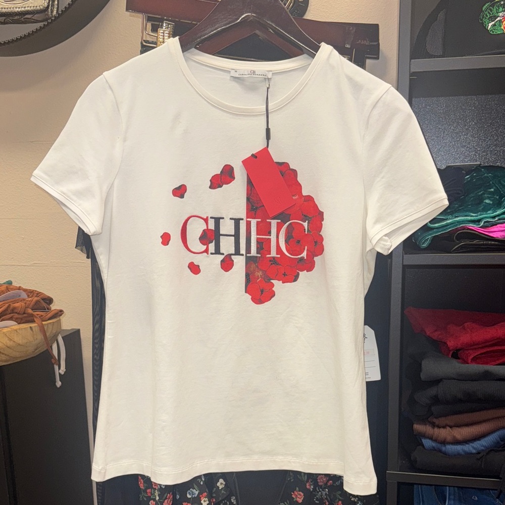 White Original Carolina Herrera T-Shirt with Red Accents